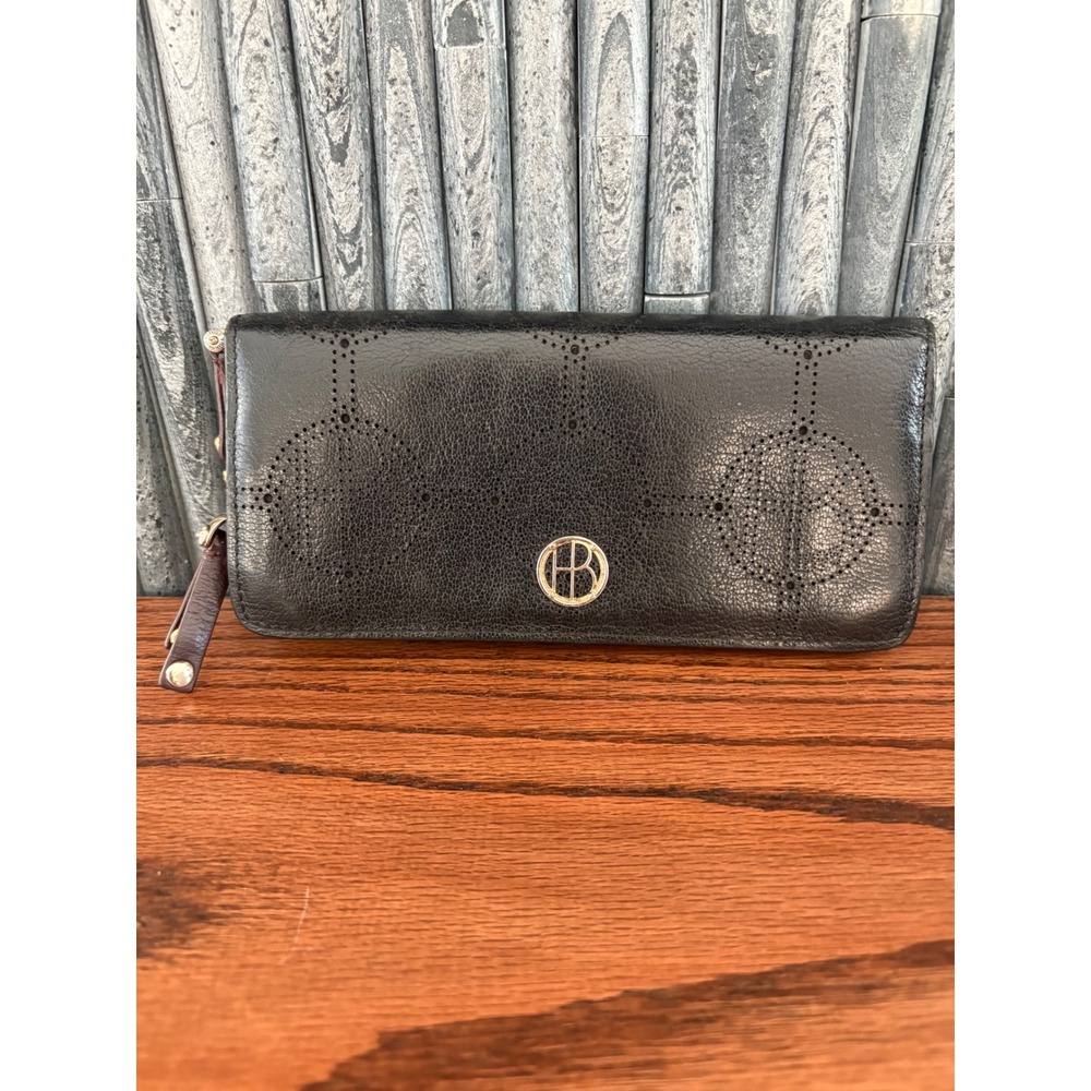Henri Bendel Black Perforated Leather Continental Wallet Burgundy Interior HB